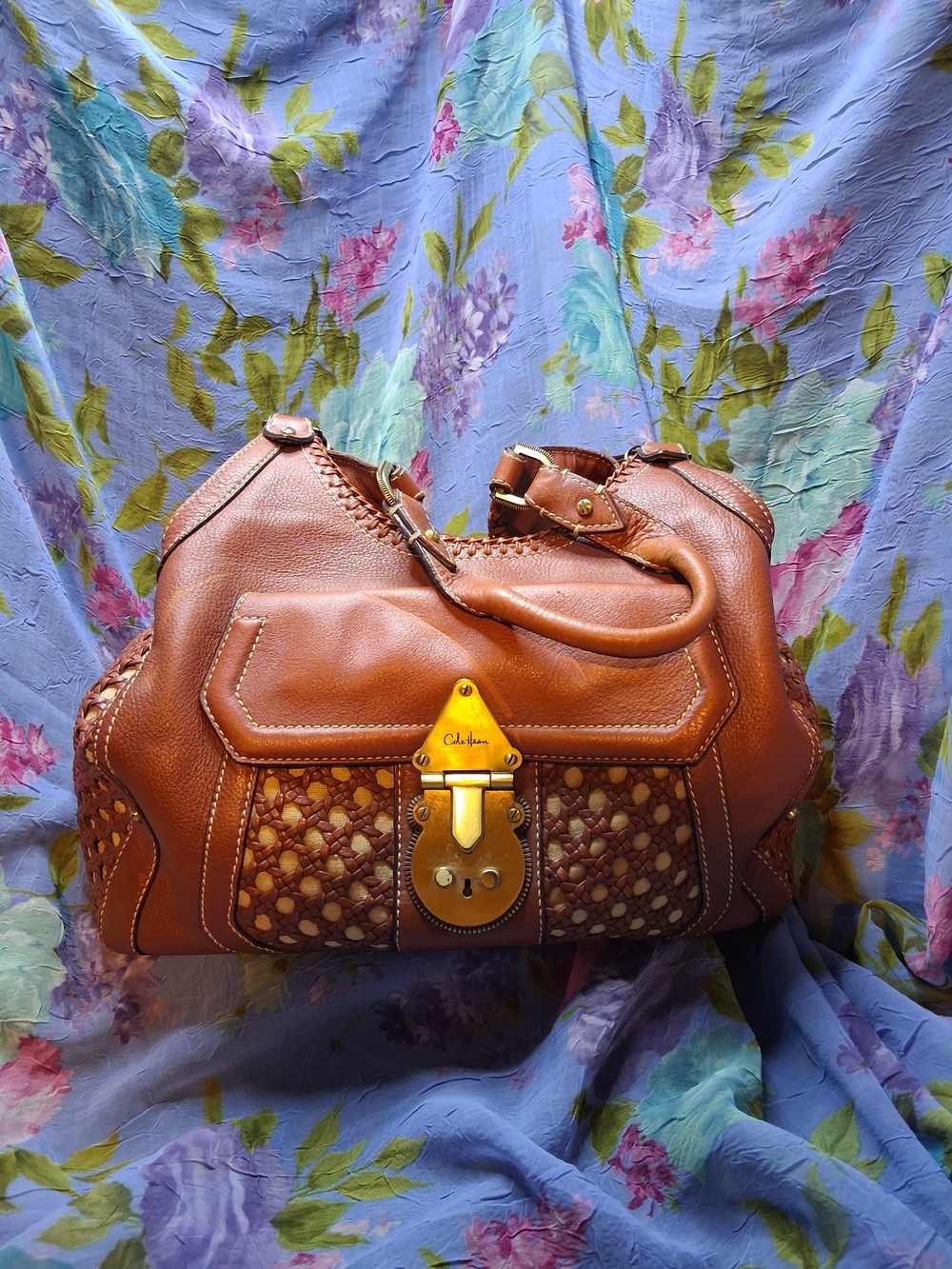 Cole Haan Brown Woven Leather Shoulder Bag with Gold-Tone Hardware